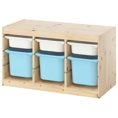 Unidad de almacenamiento IKEA TROFAST con cajas - blanco teñido de pino y blanco/azul claro Foto 1 de 4