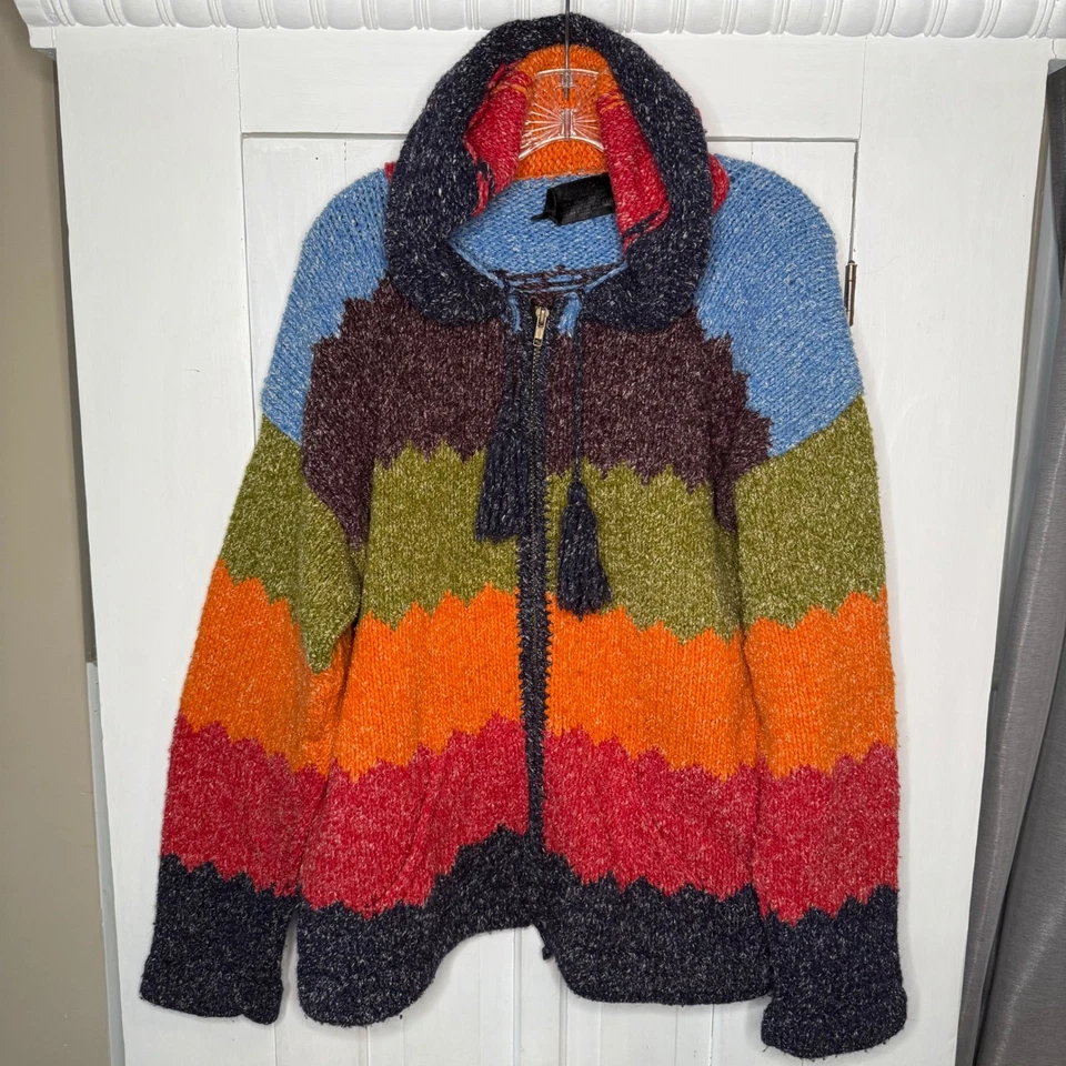 Suéter con capucha a rayas coloridas con cremallera mezcla de algodón tejido a mano nativo americano Foto 1 de 4