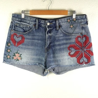 Lucky Brand Mid Rise Boyfriend Denim Shorts 12/31 Floral Heart Embroidery - Image 1 of 4