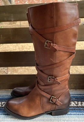 ✅ ARTURO CHIANG 高皮革骑行靴 燃烧棕色扣带 8.5 M — 第 1/4 张图片