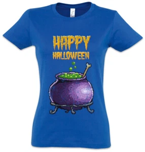 Pixel Happy Halloween Damen T-Shirt Gamer Gaming Geek Nerd Fun Witch Pot Kettle - Picture 1 of 1