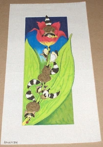 Playful Raccoons / Ladybug & Large Flower Handpainted Needlepoint Canvas 15x6" - Picture 1 of 1