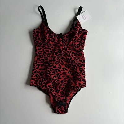 Agent Provocateur Sexy Red Cheetah Print Black Velvet Bow Bodysuit Sz 34D / M - Image 1 of 4