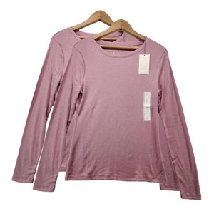 2 Pk Womens Long Sleeve T Shirt Solid Stretch Top Ribbed Knit Pink Size Medium - Picture 1 of 8
