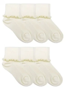 Jefferies Socks Girls School Uniform Seamless Ruffle Lace Cuff Crew Casual Socks - Picture 1 of 15