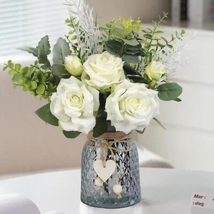 Faux Flowers in VaseSilk Roses Artificial Flowers in VaseFake Flowers with Va... - Picture 1 of 9