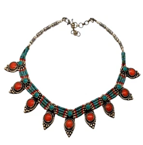 N5b Tibetan silver handmade Necklace Turquoise coral bead Ladies mala Nepal - Picture 1 of 3