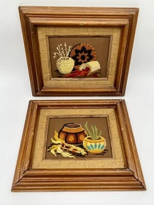 S 2 Framed Vintage Wall Art Finished Hand Made Crewel Native American Style 70s - Picture 1 of 18