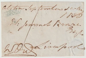 1838 CUMBERLAND FREE FRONT RRR ALSTON PENNY POST IN BLUE/GREEN TO LIVERPOOL LANC - Picture 1 of 2