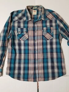 Levi’s Western Pearl Snap Plaid Blue Long Sleeve Shirt - Men’s XXL Blue - Picture 1 of 12