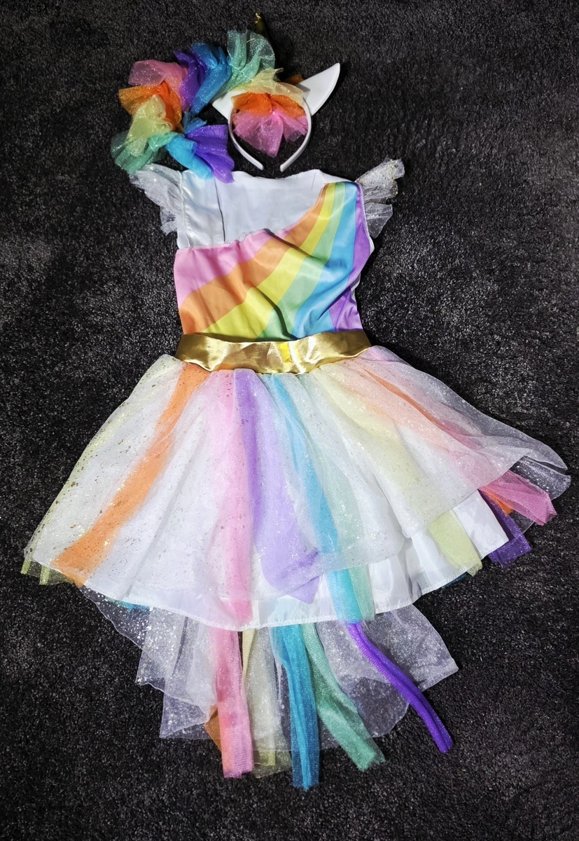 NET TOYS Einhorn-Kostüm Für Kinder – Regenbogenkleid Größe 116 (4-5 Jahre), Inkl. Haarreif, Aus Polyester