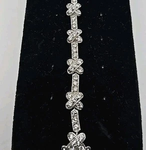 FAS Sterling Silver Criss Cross Design White Crystal Tennis Bracelet 7.25" - Picture 1 of 9