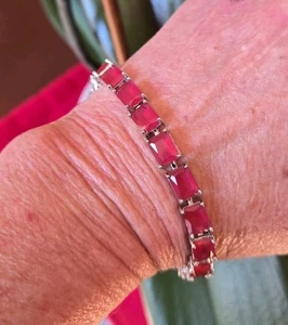 Emerald Cut Natural Ruby Tennis Bracelet,  Rhodium/Silver, Sz 7-8 - Picture 1 of 19