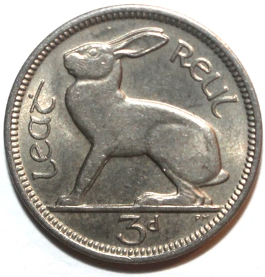 Irish Republic 3 Pence Coin 1968 KM# 12a Ireland Hare Three 3 Pingine ½ Reul 3d - Image 1 of 2