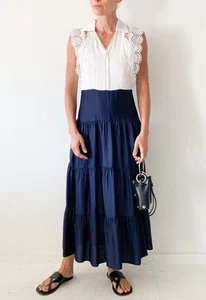 SANDRO Maxime Kleid Damen (EU) 32 Stufen Rüschen Spitzeneinsatz Maxi zweifarbig 0-2 - Bild 1 von 20