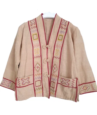 Sand Ethnic Boho Cotton Embroidered Tasselled Jacket Hippy Vietnamese Kimono S - Image 1 of 4