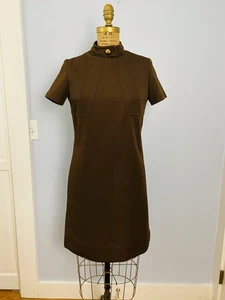Vintage David Crystal Fashion Brown Short Sleeve Dress Size S 1960s Polyester - Picture 1 of 12