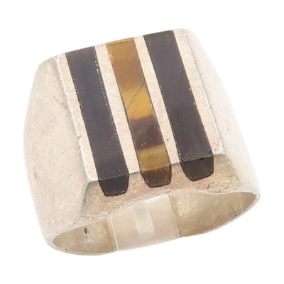 Anillo Vintage Plata de Ley 925 MÉXICO Ojo de Tigre e Incrustación de Ónix Talla 10 RG34391 Foto 1 de 4