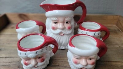 Pottery Barn圣诞老人陶瓷水罐1.5夸脱和4杯马克杯  — 第 1/4 张图片