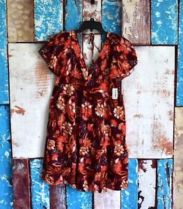 Women's V-Neck Tiered Mini Swing Dress Floral MEDIUM Red Floral NEW