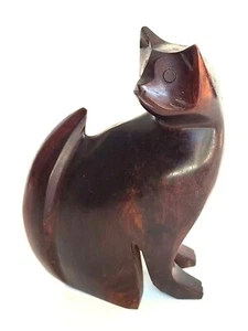 cat kitty kitten figurine sculpture carved ironwood sitting hand carved - Picture 1 of 8