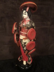 Japanese Geisha doll with hats in Kimono 17" on black wooden music base vintage! - Picture 1 of 8