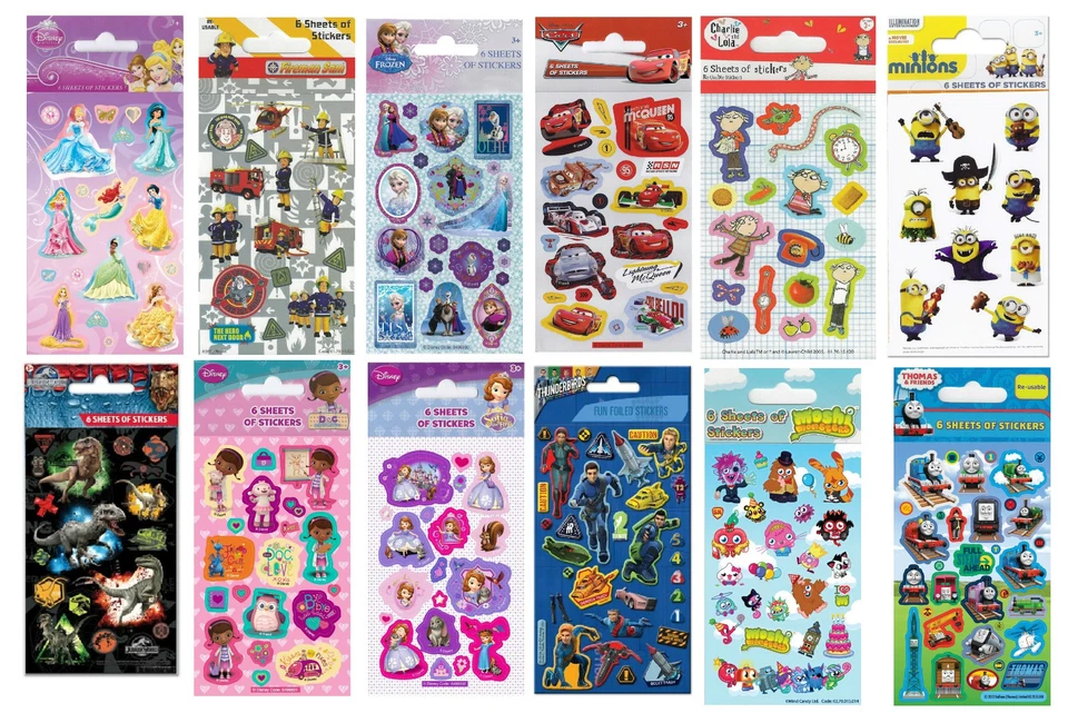 Childrens Character Fun Stickers 6 Sheets Party Pack Loot Bag Fillers - Image 1 of 1