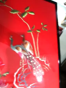 Tittle 'Good Together' peacocks framed Japanese Asian silk framed embroidery - Picture 1 of 7