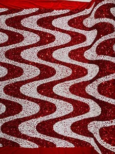 Wavy Line Design Velvet Sequins - Red / White - 2 Way Stretch Velvet Fabric - Picture 1 of 4