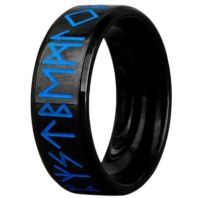 Anillo Runa Azul Vikingo Negro Acero Inoxidable Protección Nórdica Suerte Banda Celta Foto 1 de 4