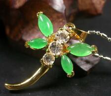 Genuine Green Jade Gold Plated Imitation Diamond Dragonfly Pendant Necklace