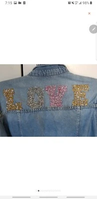 Nuevo raro Guess Europe ostr pluma de mezclilla lentejuelas boda parry AMOR chaqueta vaquera Foto 1 de 4