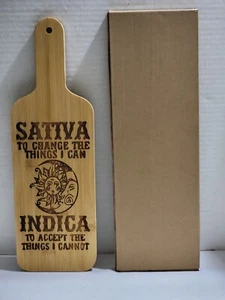 LASER ENGRAVED WOOD PADDLE SERVING BOARD WALL DECOR SATIVA & INDICA 16.5" x 5.3" - Picture 1 of 5