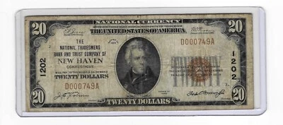 1929 Tradesman Bank Trust New Haven $20 Note National Currency 1202 CN626 - Image 1 of 2