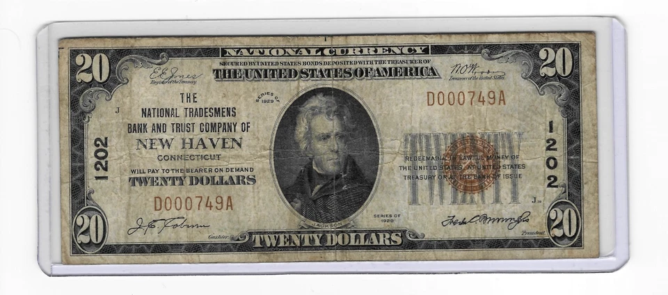 1929 Tradesman Bank Trust New Haven $20 Note National Currency 1202 CN626 - Image 1 of 2