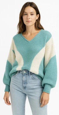 Suéter Lindsay Scott Angora de Colección Años 80 Bloques de Color Manga Globo Teal Blanco Mediano Foto 1 de 4