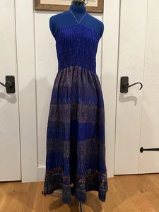 Maxi abito senza marchio Halter Made in Thailand 100% seta colorato smocked - Foto 1 di 9