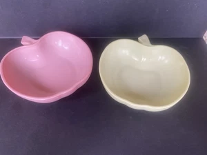 2 Hazel Atlas Platonite Milk Glass Pastel Apple Orchard Bowls Pink Yellow MCM - Picture 1 of 8