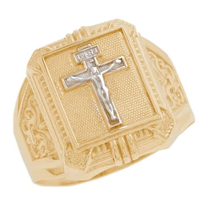 10k or 14k Two Tone Gold Crucifix Mens Religious Ring - Picture 1 of 2