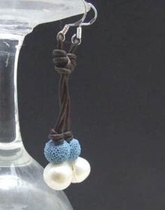 10-11mm Natural White Pearl Earring for Women Leather Blue Lava Dangle Earring - Picture 1 of 3