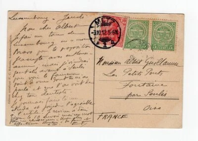 LUXEMBOURG TO FRANCE, POSTCARD W/GERMANY MIXT FRANKING, IT CROSSED METZ, 1912 - Image 1 of 2