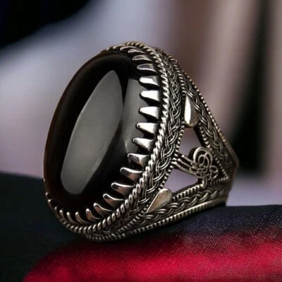 Anillo De Diseño Tugra De Plata Esterlina 925 Sólida Con Gran Ónix Negro Natural - Imagen 1 de 4