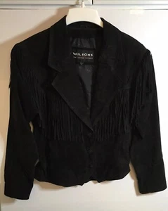 Vtg 90s Wilsons Leather Jacket Western Fringe Black Suede Boho 3 Button Snap - Picture 1 of 13