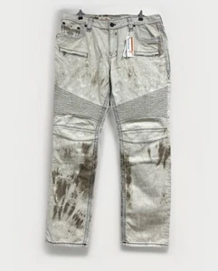 Jeans uomo Callan Biker Rock Revival beige effetto invecchiato lavaggio acido taglia 42x33 nuovi con etichette - Foto 1 di 9