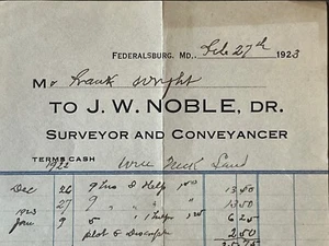 Federalsburg Maryland Vintage Billhead Surveyor To Frank Wright 1923 - Picture 1 of 2