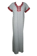 Boho Women's WHITE Maxi Caftan Dress Printed Nightgown Housedress 100% COTTON L 