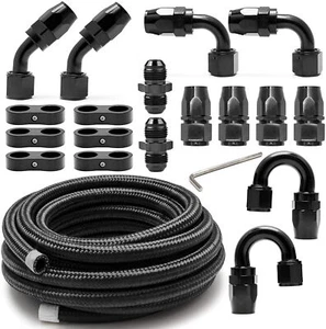 Black 6AN PTFE Fuel Line Kit,AN6 E85 Nylon Braided Fuel Hose 20FT(5/16Inch ID) - Picture 1 of 12