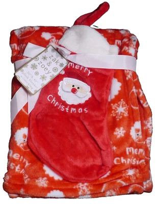 全新 Zak & Zoey 长毛绒 30 英寸 x 40 英寸婴儿毯和圣诞袜圣诞老人女孩男孩 — 第 1/4 张图片