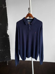 Polo Ralph Lauren Mens Vintage Navy Blue Knit Long Sleeve Pony Logo Polo Sweater - Picture 1 of 5