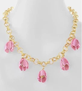 Collana Betsey Johnson Garden Glam Tulipano Charm Catena Fiori Rosa Metallizzato - Foto 1 di 4